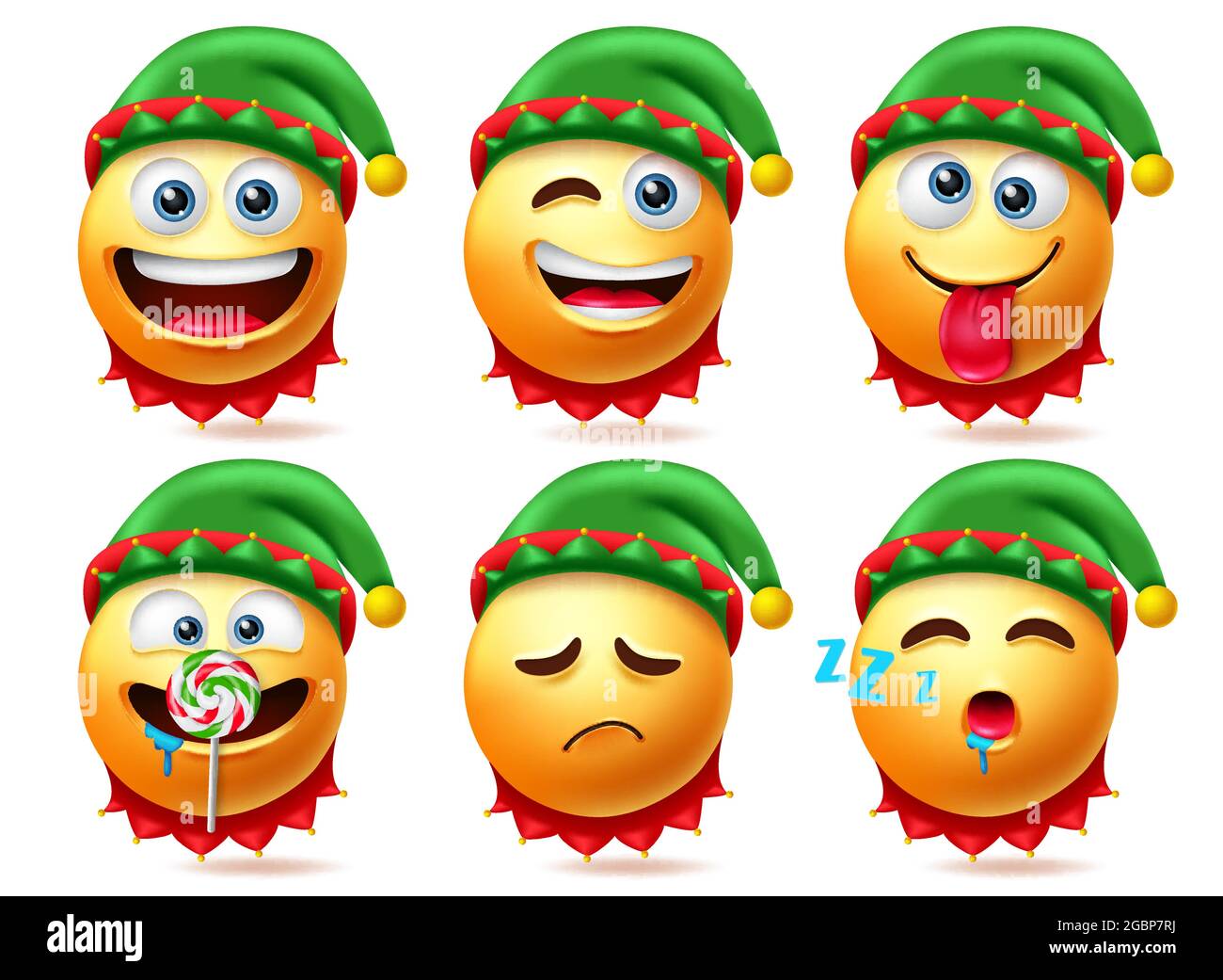Elf smileys christmas character vector set. Elfs smiley characters in sleeping, eating and naughty facial expressions for xmas cute 3d emojis. Stock Vector