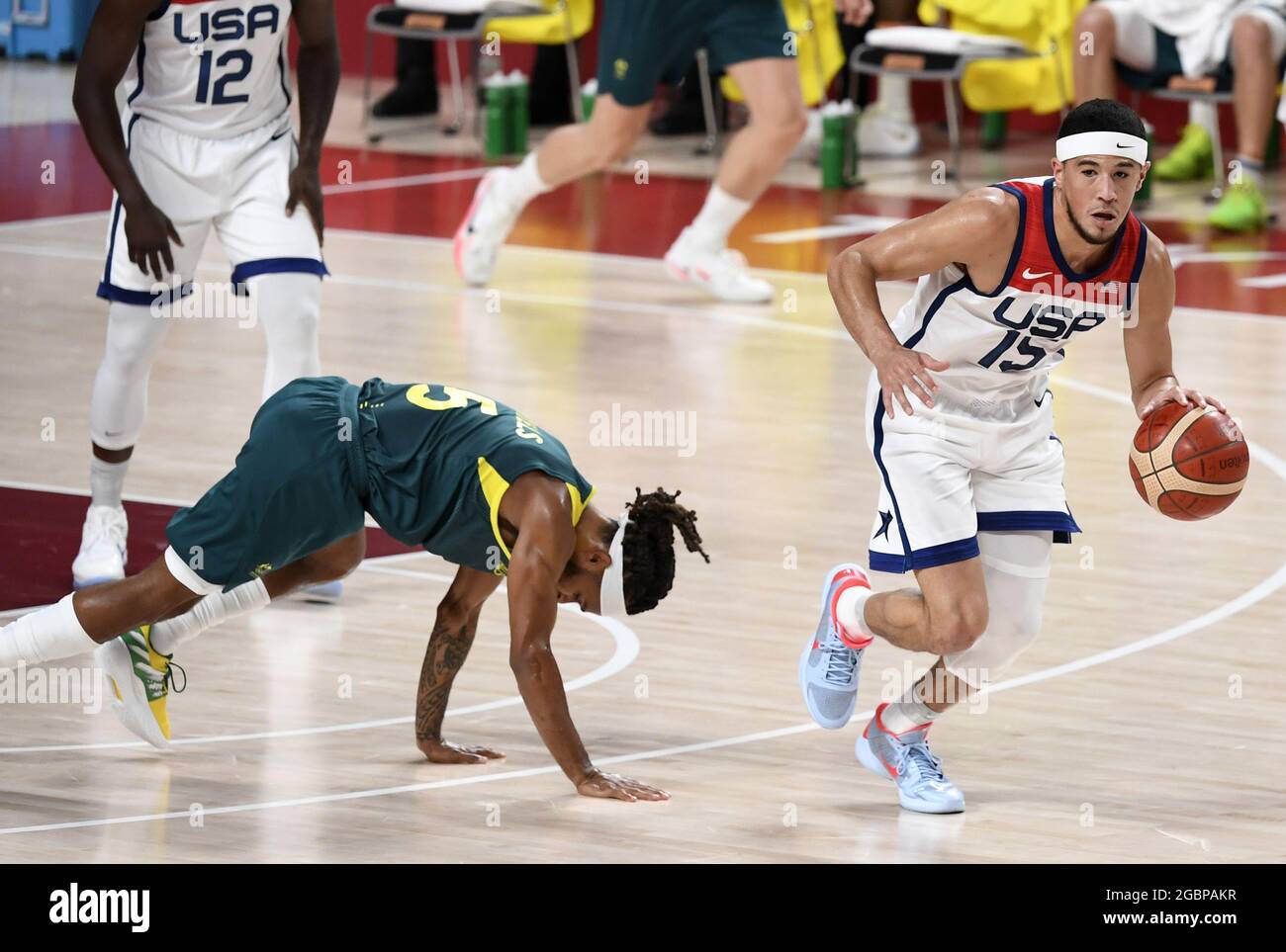 Australia's Patty Mills (5) brings the ball up court during the men's  bronze medal basketball game at the 2020 Summer Olympics, Saturday, Aug. 7,  2021, in Tokyo, Japan. (AP Photo/Eric Gay Stock Photo - Alamy