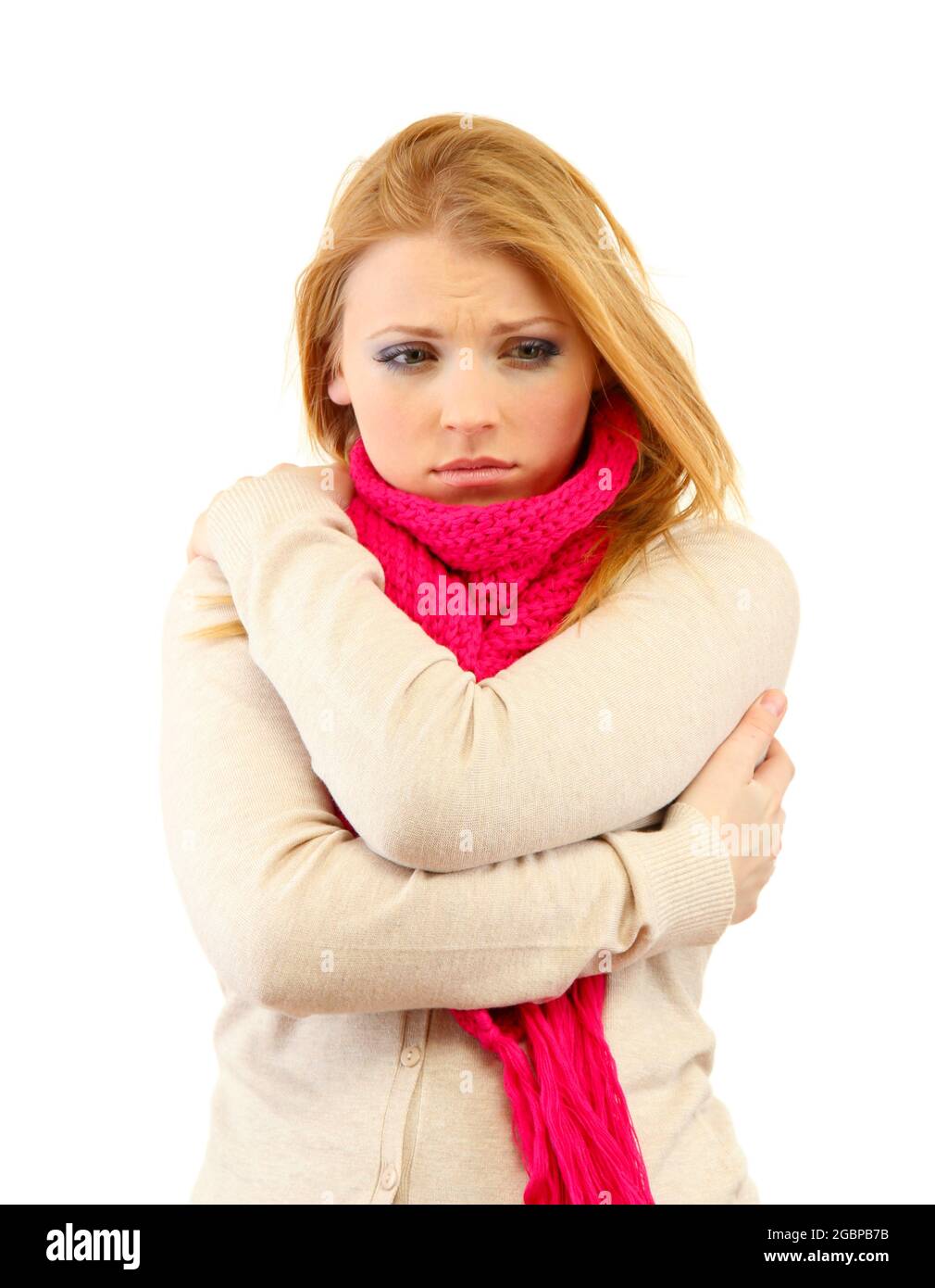 Young beautiful woman wearing winter clothing on cold wind, isolated on