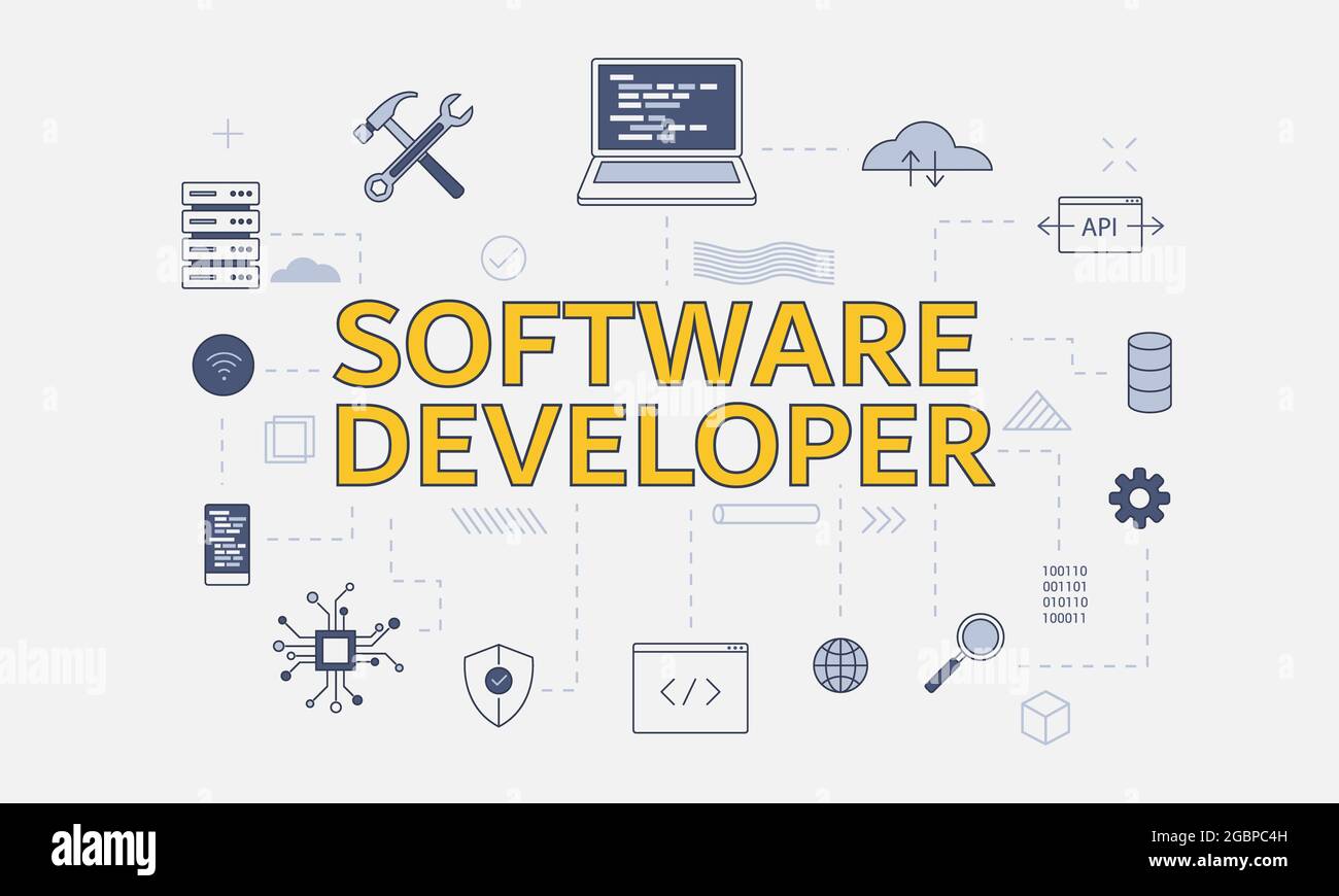 software development concept with icon set with big word or text on ...