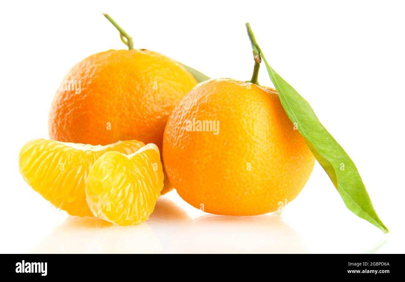 Ripe sweet tangerine with leaves, isolated on white Stock Photo Alamy