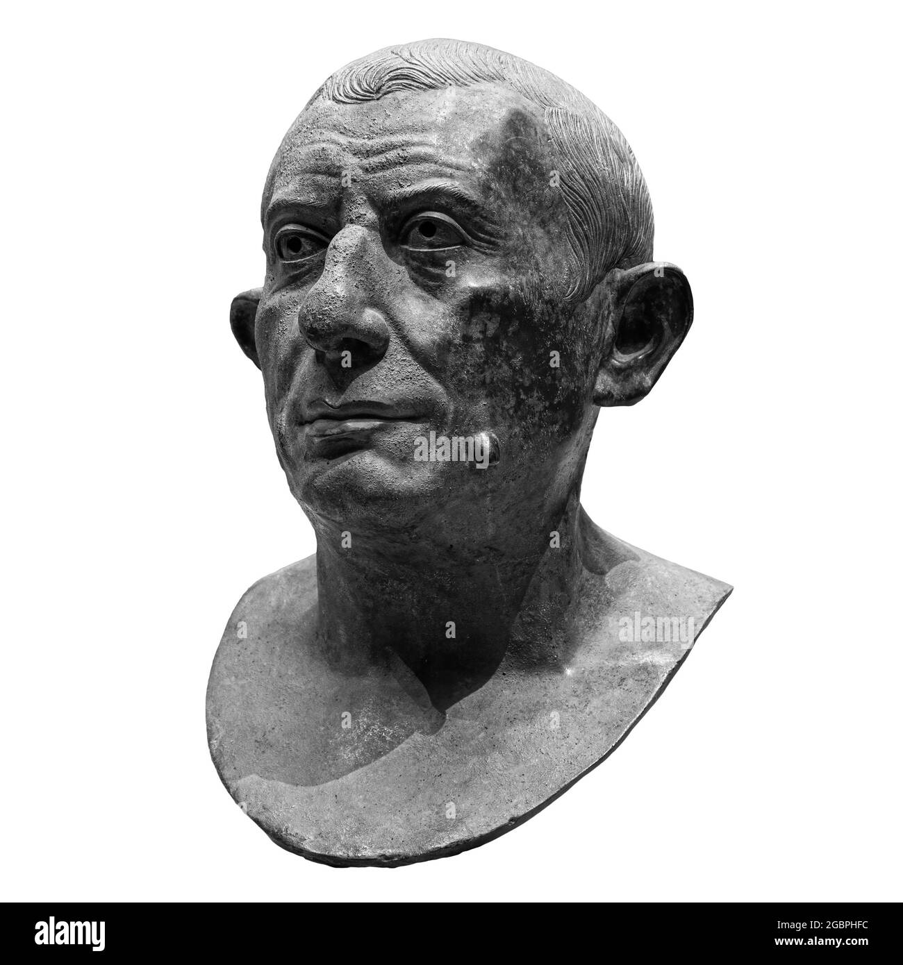 Copy of ancient statue Lucius Caecilius Iucundus. Head and shoulders detail of the ancient man sculpture. Antique face statue isolated on white Stock Photo