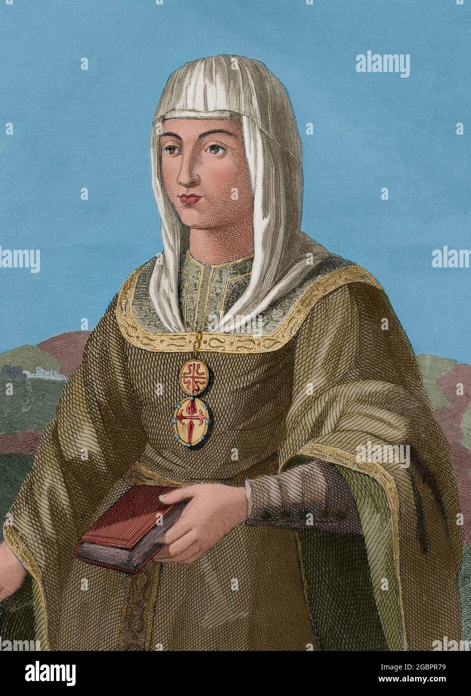 Joanna of Castile (known as Joanna the Mad) (1479-1555). Queen of Castile (1504-1555) and Aragon (from 1516), daughter of the Catholic Monarchs. Wife of Philip the Handsome. Portrait. Engraving by Antonio Roca Sallent. Las Glorias Nacionales, 1853. Later colouration. Stock Photo