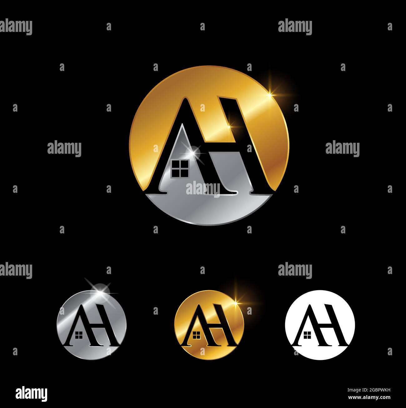 A vector Illustration set of Golden Monogram Letter AH Real Estate in black background with gold shine effect Stock Vector