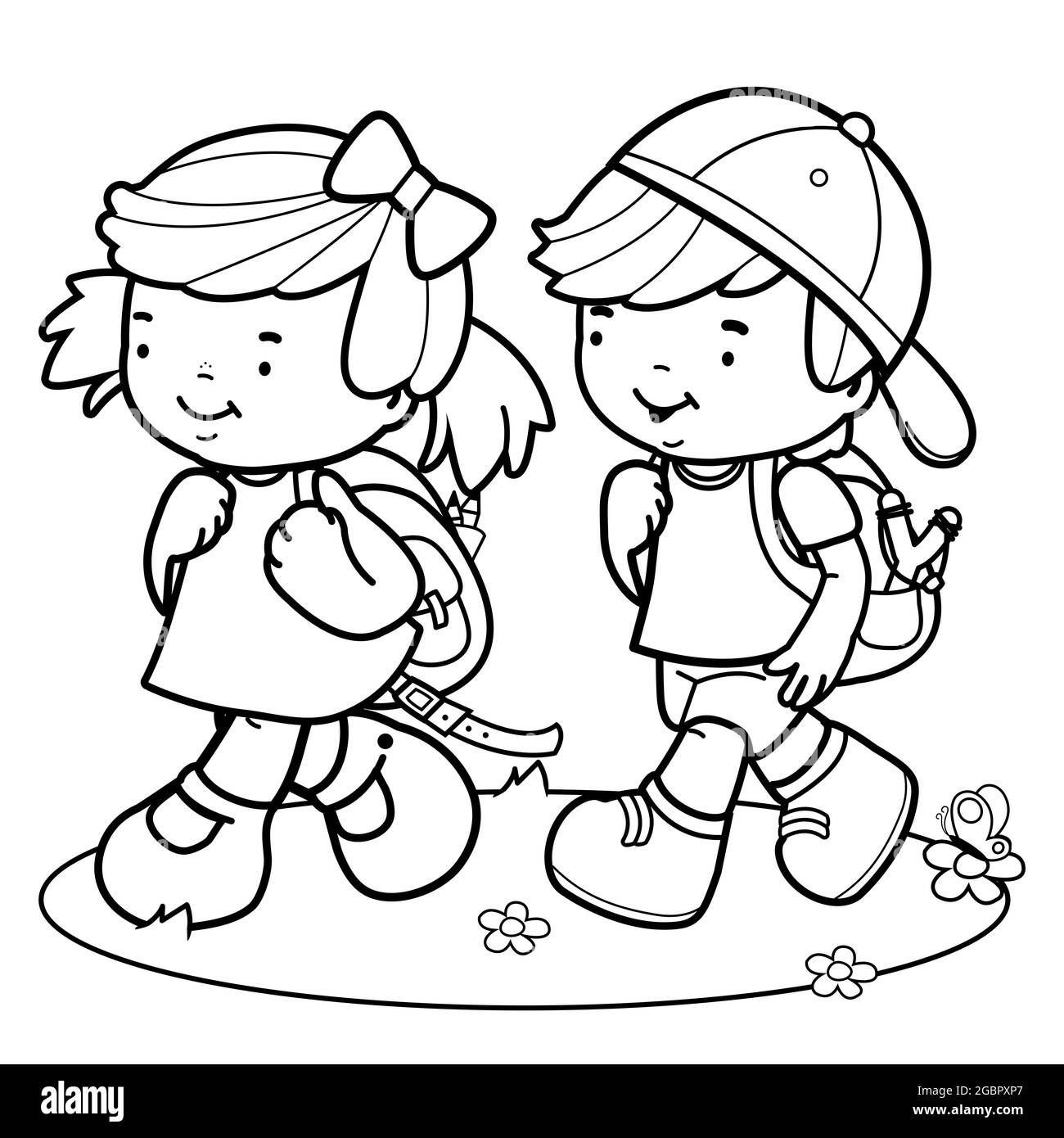 Children walk to school. Black and white coloring page. Stock Photo