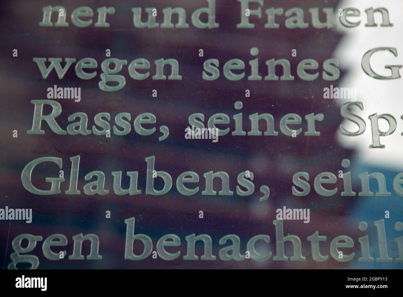 German Basic Law Article 3, Equality before the law (Gleichheit vor dem Gesetz), photographed on the glass panes at Jakob-Kaiser-Haus in Berlin Stock Photo