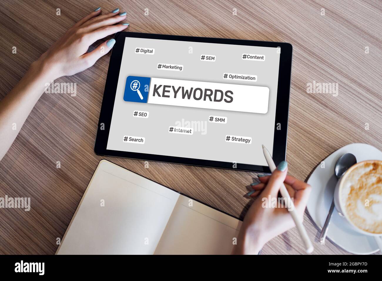 Keywords. SEO, Search engine optimization and internet marketing concept on screen Stock Photo