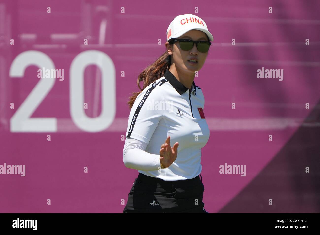 (210805) -- SAITAMA, Aug. 5, 2021 (Xinhua) -- China's Lin Xiyu reacts during the women's individual stroke play 2nd round of golf at the Tokyo 2020 Olympic Games in Saitama, Japan, Aug. 5, 2021. (Xinhua/Zheng Huansong) Stock Photo