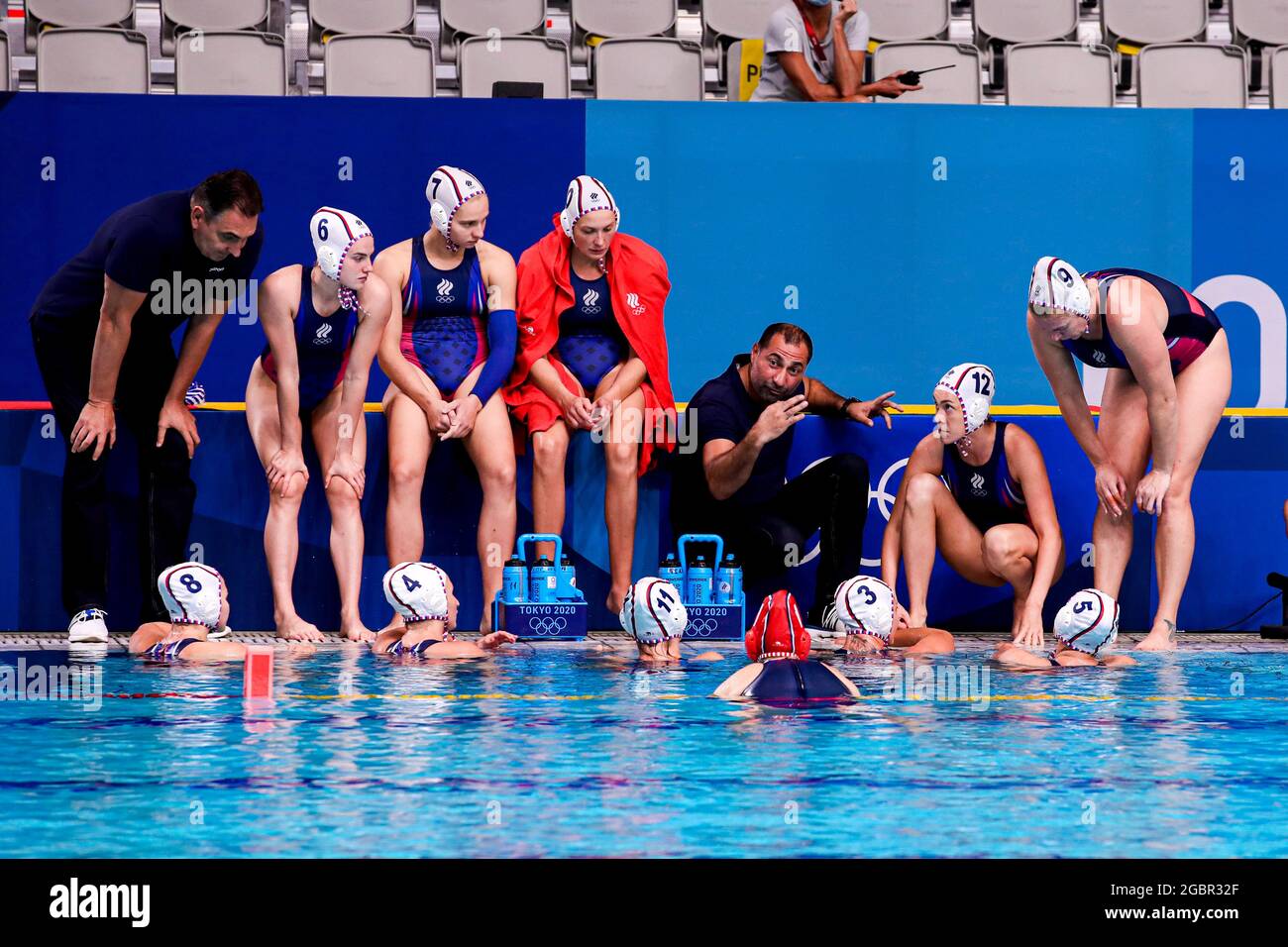 TOKYO, JAPAN - AUGUST 5: Team ROC, Anastasia Simanovich of ROC, Anastasia Fedotova of ROC, Alena Serzhantova of ROC, Evgeniya Soboleva of ROC, Elvina Karimova of ROC, Evgeniya Ivanova of ROC, Head Coach Aleksandr Gaidukov of ROC, Evgeniia Golovina of ROC, Ekaterina Prokofyeva of ROC, Nadezhda Glyzina of ROC, Anna Timofeeva of ROC, Veronika Vakhitova of ROC during the Tokyo 2020 Olympic Waterpolo Tournament Women Semifinal match between Team ROC and Team United States at Tatsumi Waterpolo Centre on August 5, 2021 in Tokyo, Japan (Photo by Marcel ter Bals/Orange Pictures) Stock Photo