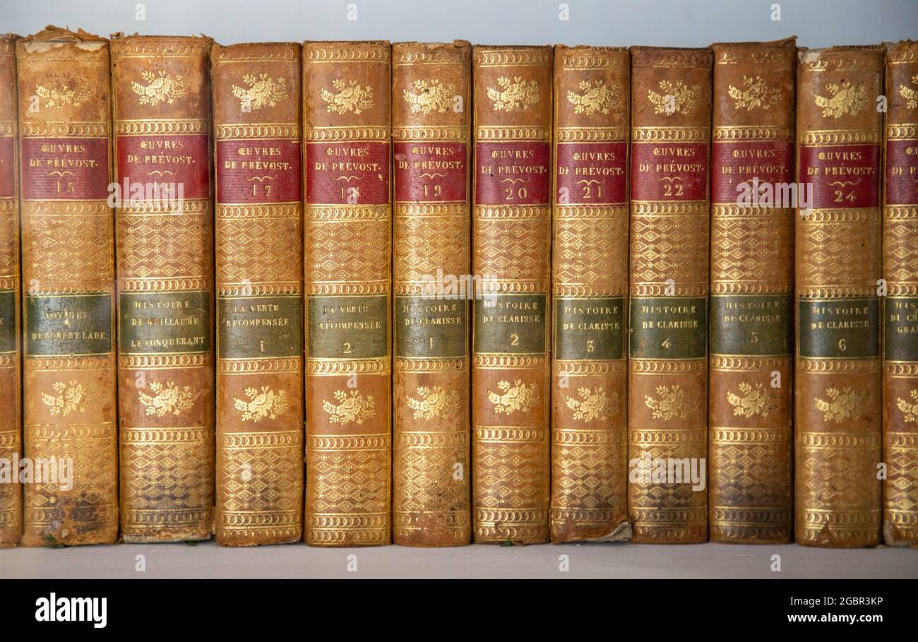 Tsarskoye Selo (Pushkin), Saint-Petersburg, Russia - March, 27, 2021: Old books on bookshelf of Tsarskoye Selo Lyceum. A row of dusty and worn Stock Photo