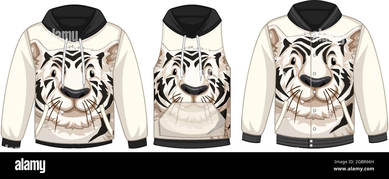 Set of different jackets with white tiger template illustration Stock Vector