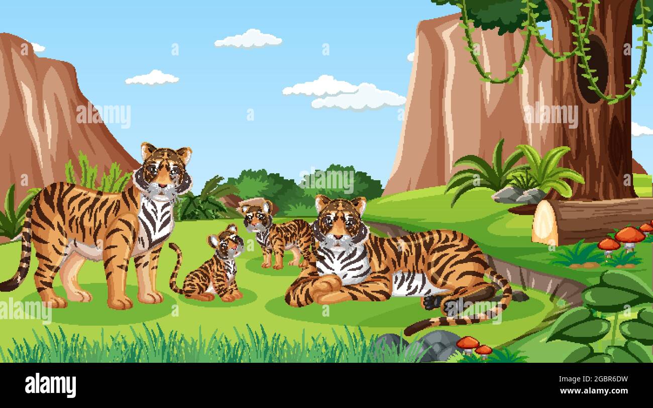 Tiger family in forest at daytime scene illustration Stock Vector Image