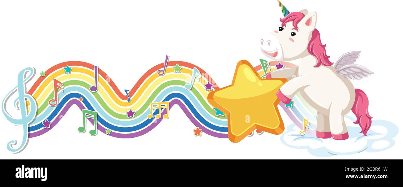 Unicorn standing on the cloud with melody symbols on rainbow wave ...
