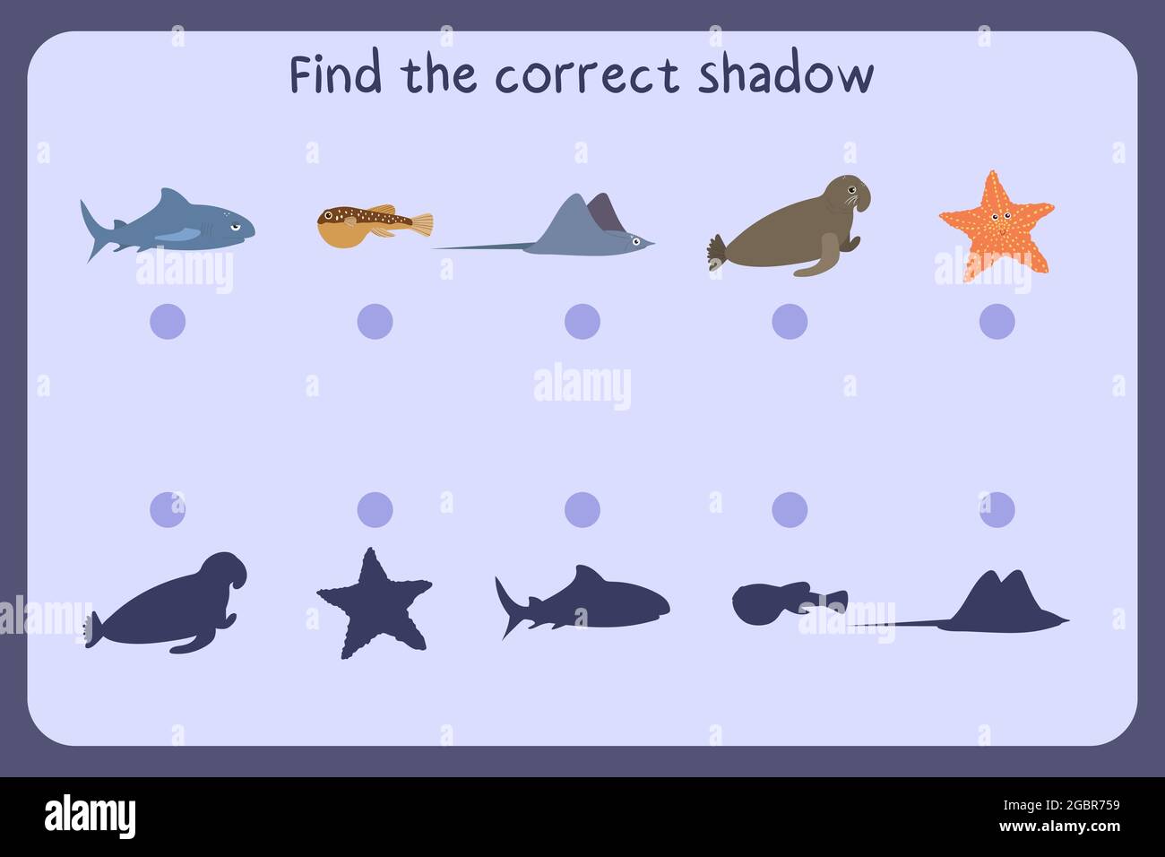 Matching children educational game with sea animals - shark, puffer fish,  stringrays, sea elephant, star. Find the correct shadow. Vector  illustration Stock Vector Image & Art - Alamy