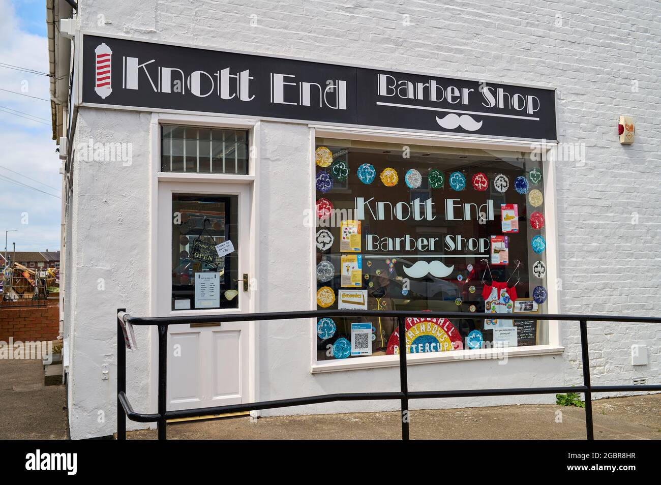 The Knott End on Sea barber shop window Stock Photo