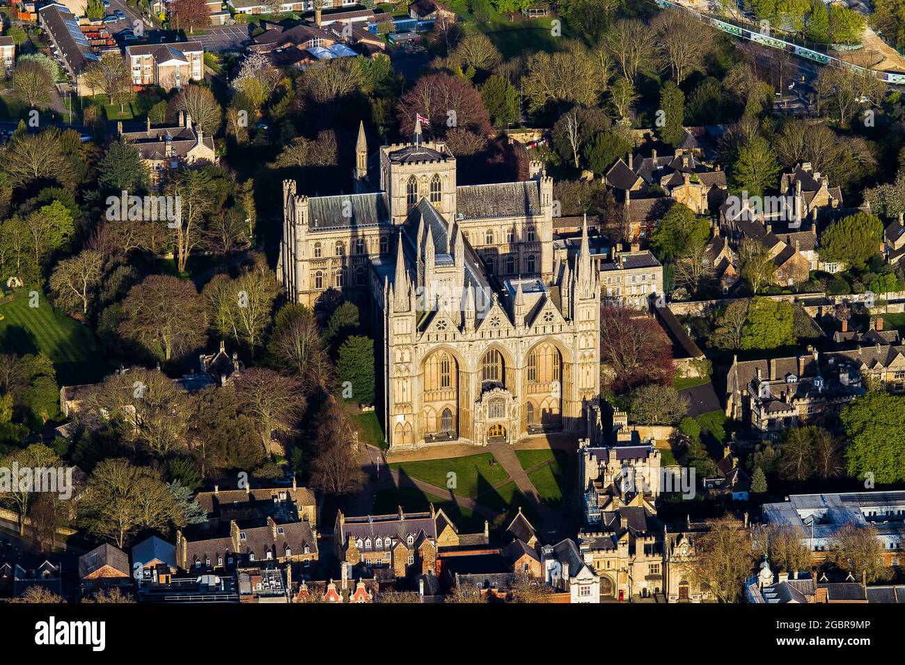 Aerial shot of the Peterborough Cathedral in Peterborough, England during daylight Stock Photo
