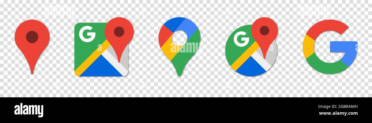 Vinnytsia, Ukraine - August 5, 2021. Google Maps Icons Set. Map Pin Markers. Vector Illustration Isolated on Transparent Background Stock Vector