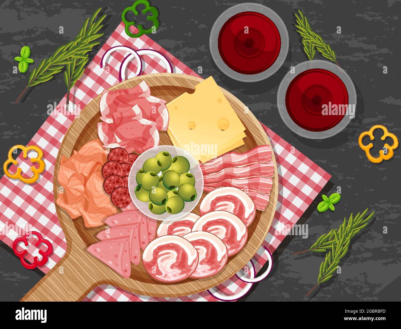 Platter of cold cuts and smoked meat on the table background illustration Stock Vector