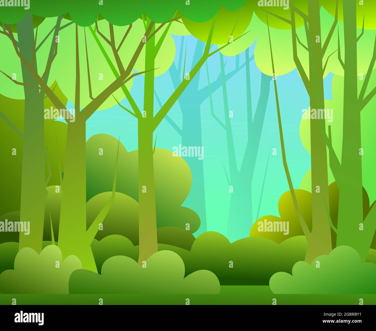 Forest trees vector. Dense wild plants with tall, branched trunks. Foggy. Summer green landscape. Flat design. Cartoon style. Vector Stock Vector