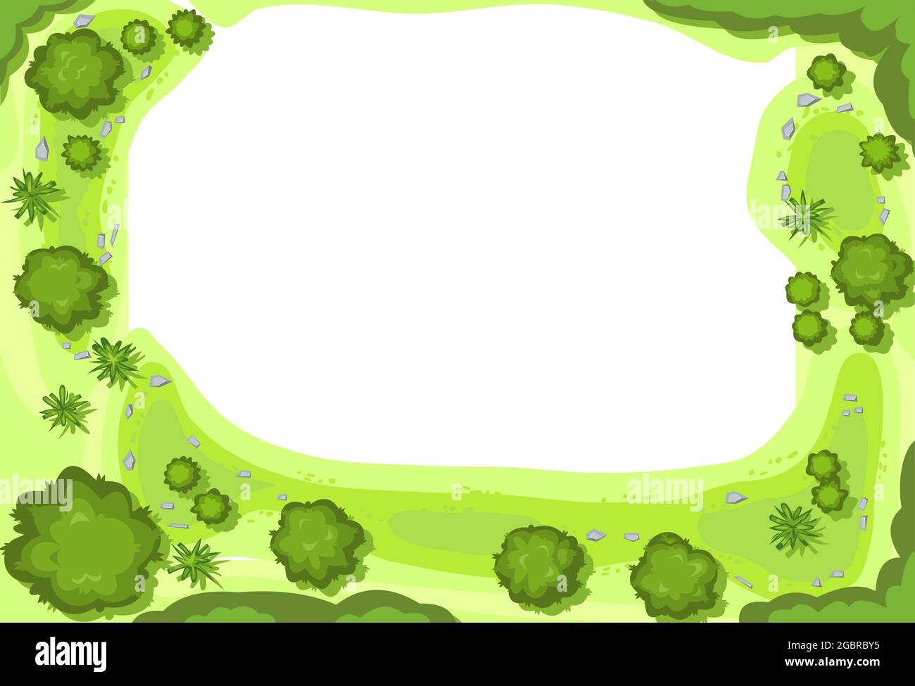 Glade in the forest. Frame with place for text. Trees and shrubs. View from above. Plant landscape. Top view. Height. Illustration in cartoon style Stock Vector