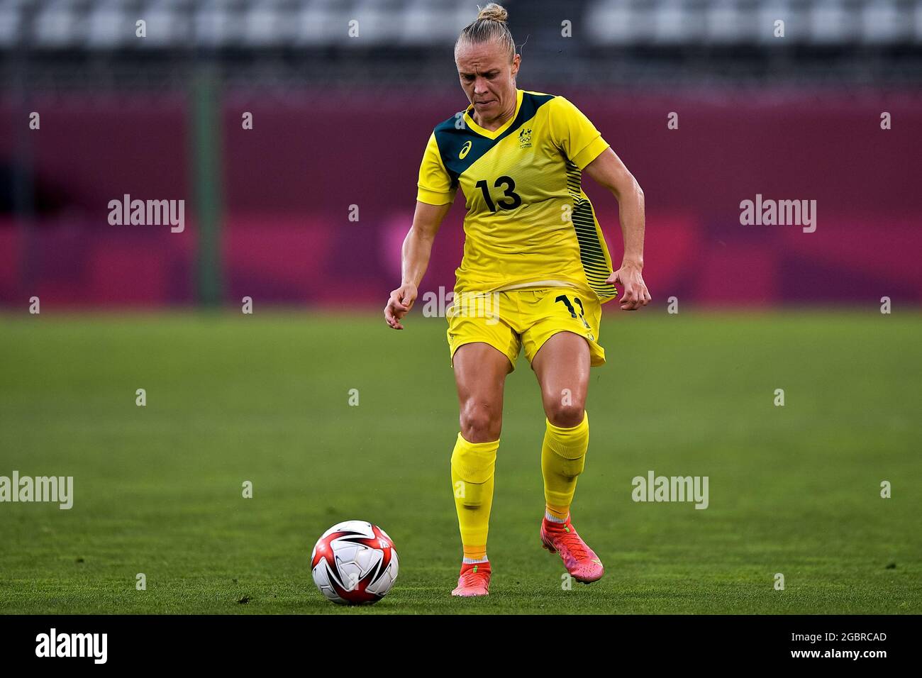 KASHIMA, JAPAN - AUGUST 5: Tameka Yallop of Australia during the Tokyo 2020  Olympic Womens Football Tournament Bronze Medal match between Australia and  United States at Ibaraki Kashima Stadium on August 5,