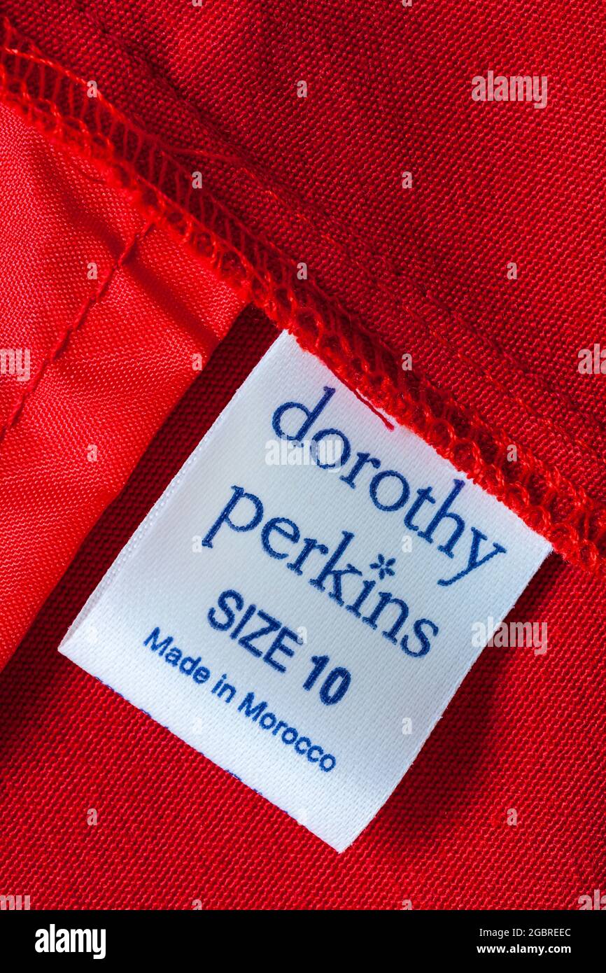 label in garment - Dorothy Perkins Made in Morocco size 10 - sold in the UK  United Kingdom, Great Britain Stock Photo - Alamy