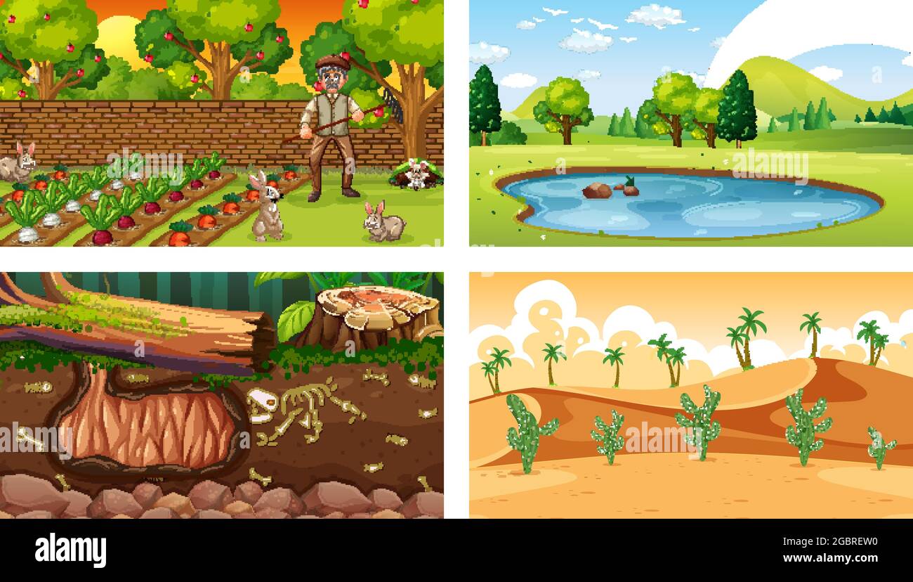 Four different nature horizontal scene illustration Stock Vector
