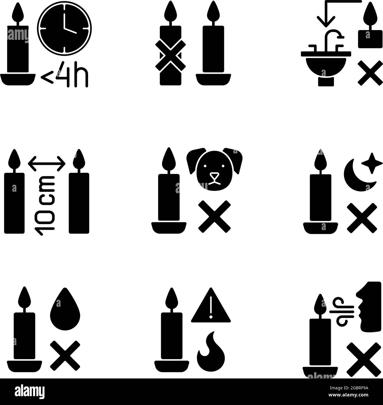 Candle safety regulations black glyph manual label icons set on white space Stock Vector Image