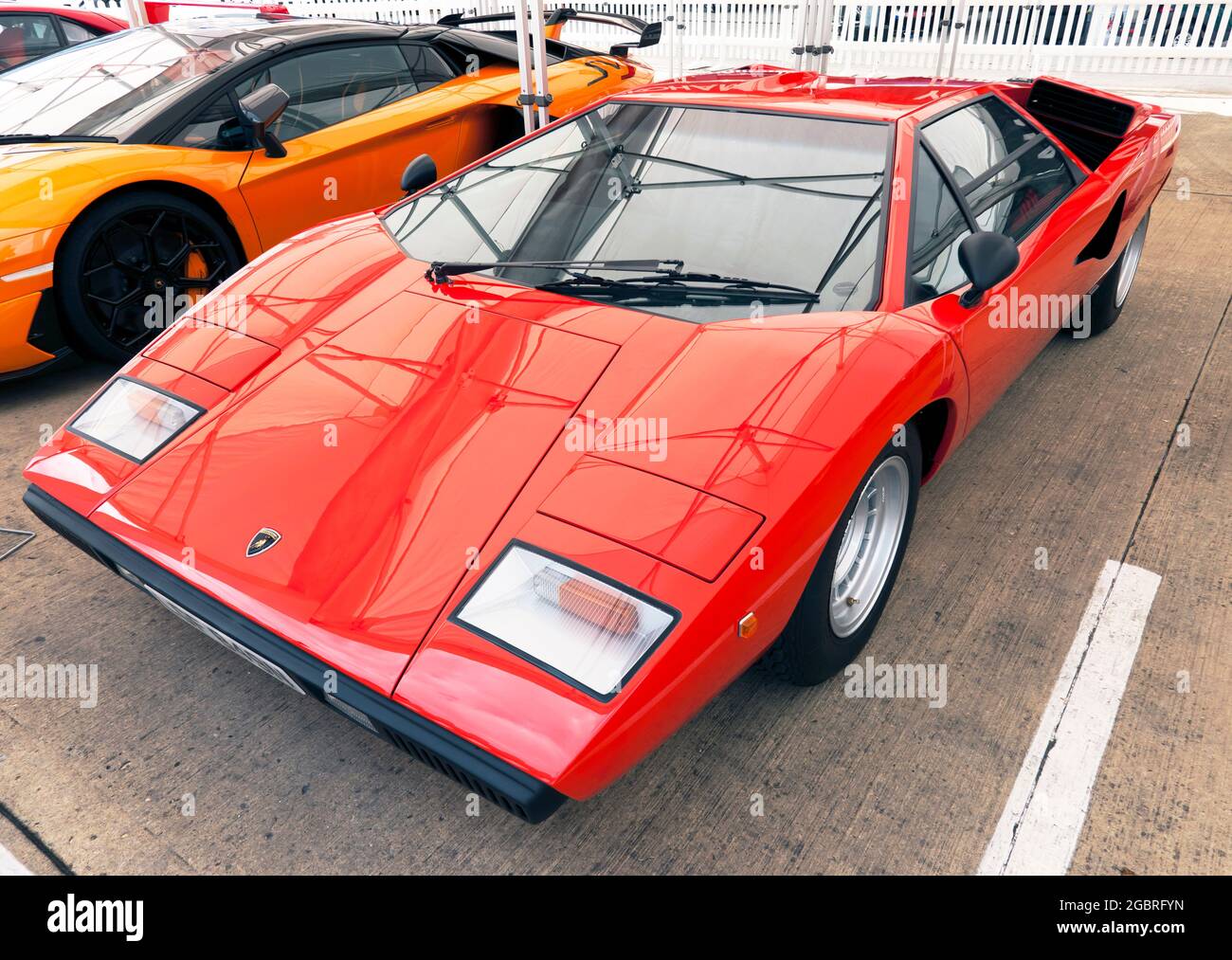 Three-quarters front view of a Lamborghini Countach 25th Anniversary Edition, in the Supercar Legends  Display, at the 2021 Silverstone Classic Stock Photo
