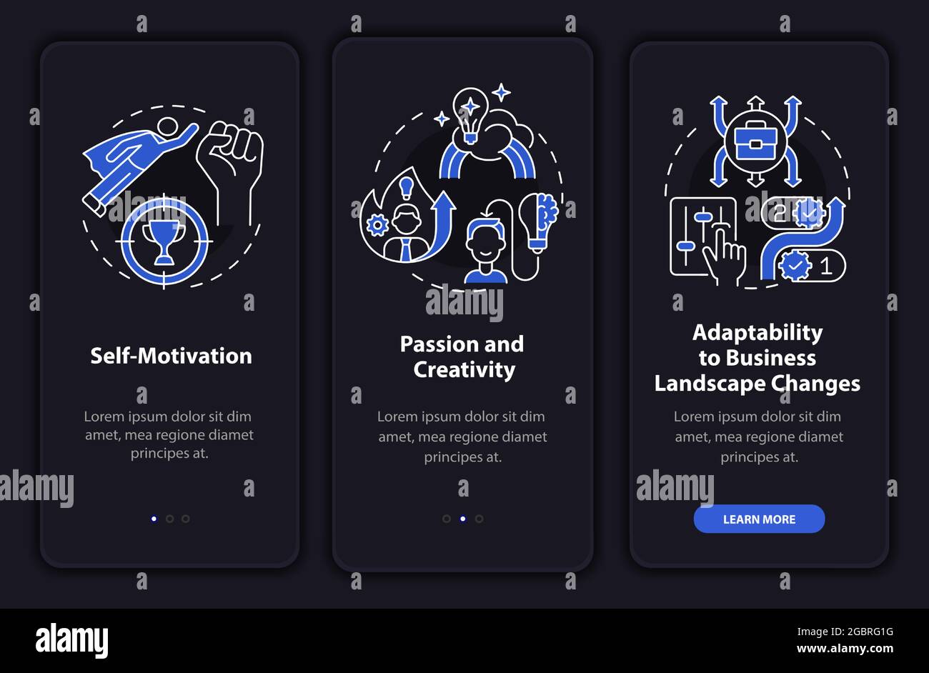Startup launch requirements dark onboarding mobile app page screen ...