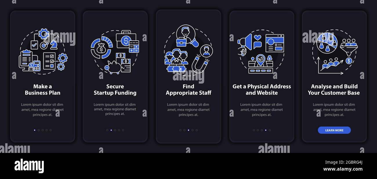 Startup launch steps dark onboarding mobile app page screen Stock Vector