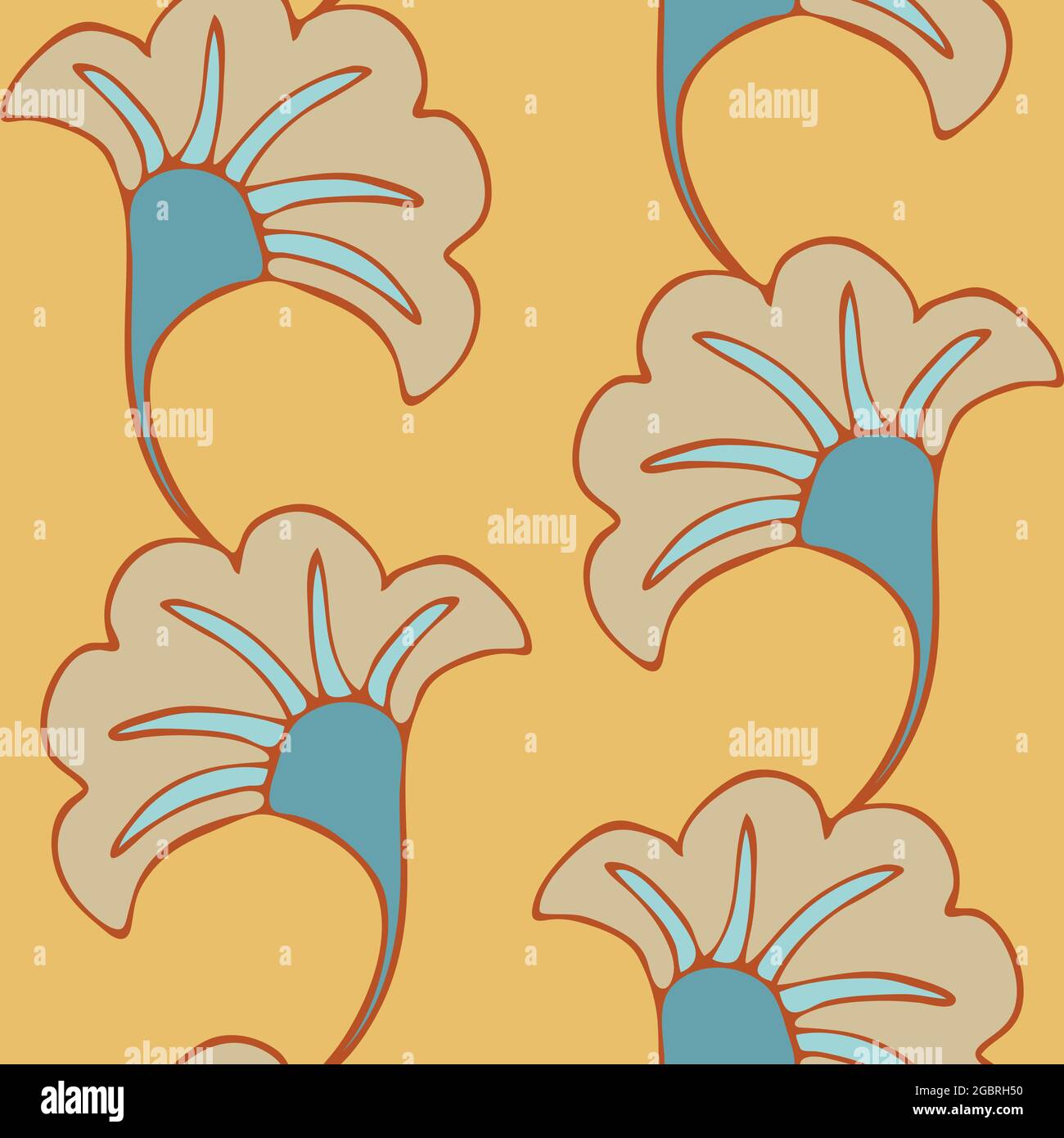 Seamless vector pattern with abstract flower blooms on yellow background. Simple retro summer wallpaper design. Decorative vintage fashion textile. Stock Vector