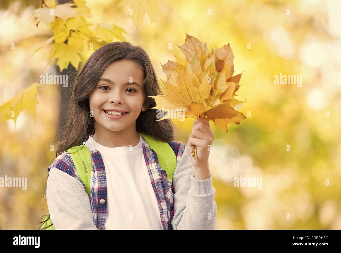 happy teenage child playing with fallen maple leaves in autumn forest ...