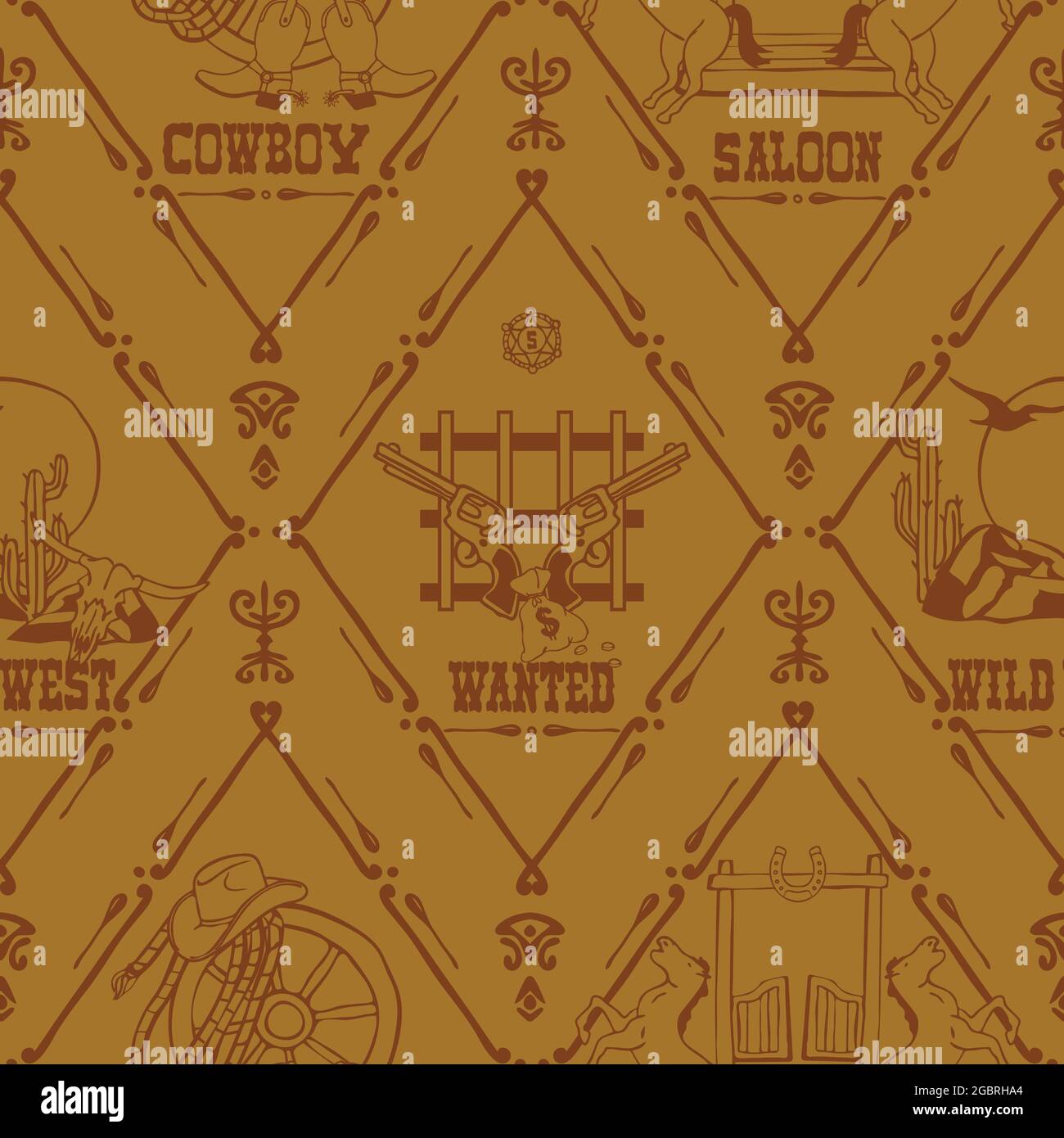 Seamless vector pattern with western style symbol on yellow background. Simple wild west wallpaper design. Decorative historic fashion textile. Stock Vector