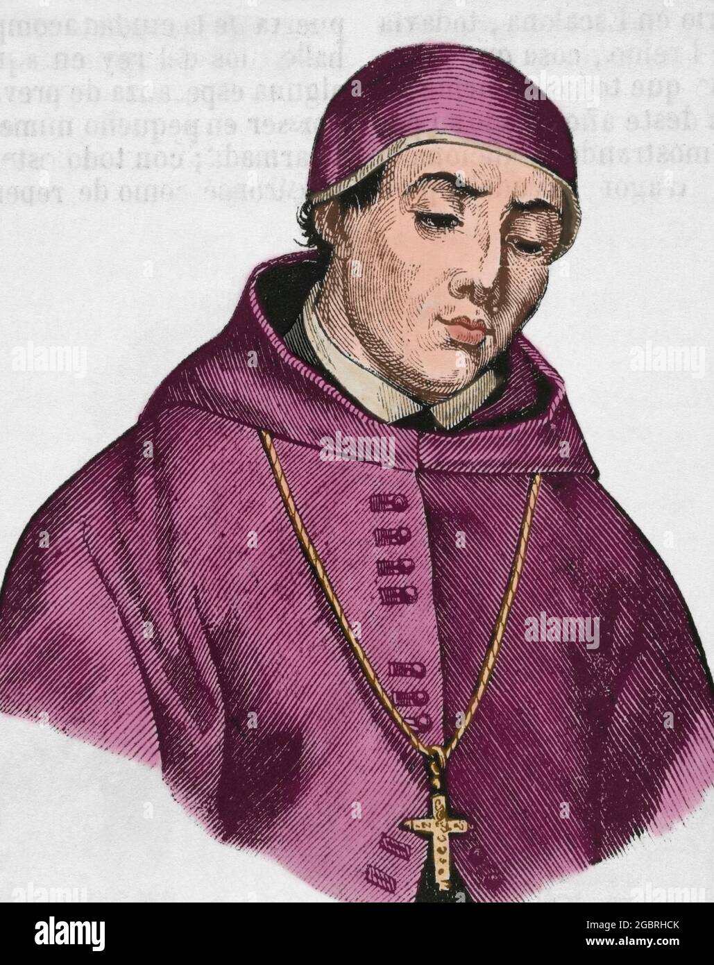 Alonso Fernández de Madrigal, known as Alonso Tostado (1410-1455). Spanish clergyman, academicist and writer. Bishop of Avila 1454-1455. Portrait. Engraving. Later colouration. Historia General de España by Father Mariana. Madrid, 1852. Stock Photo