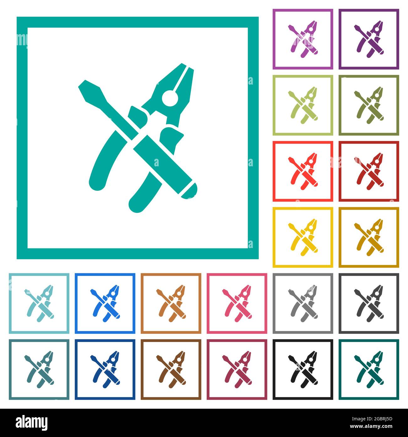 Combined pliers and screwdriver flat color icons with quadrant frames