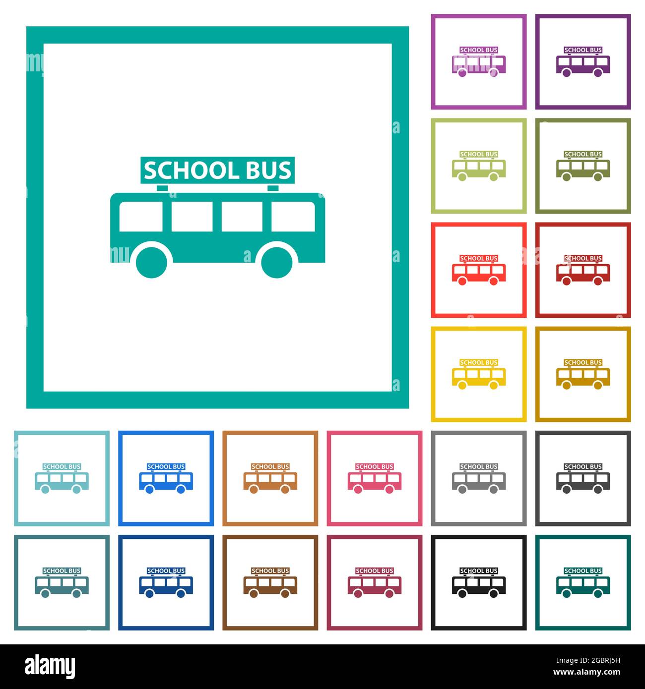 school bus side view flat color icons with quadrant frames on white background Stock Vector