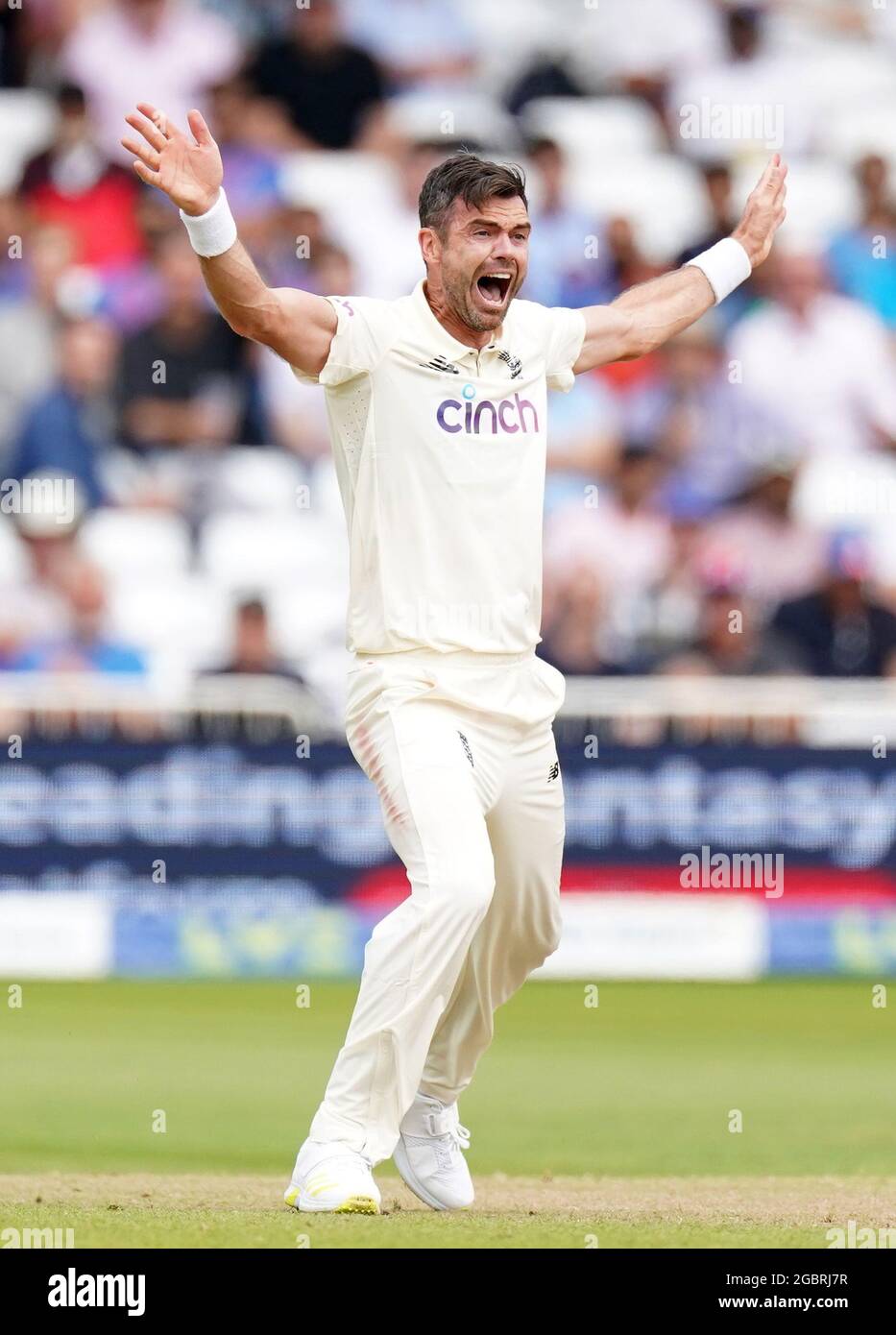 England's Jimmy Anderson appeals for the wicket of India's KL Rahoul during day two of Cinch First Test match at Trent Bridge, Nottingham. Picture date: Thursday August 5, 2021. Stock Photo