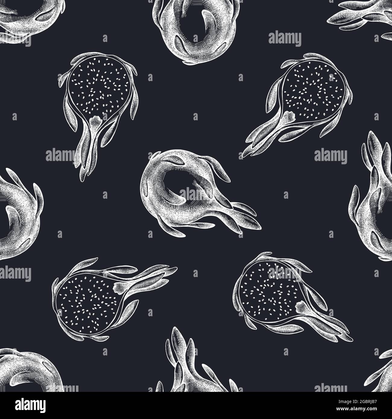 Seamless pattern with hand drawn chalk pitaya Stock Vector