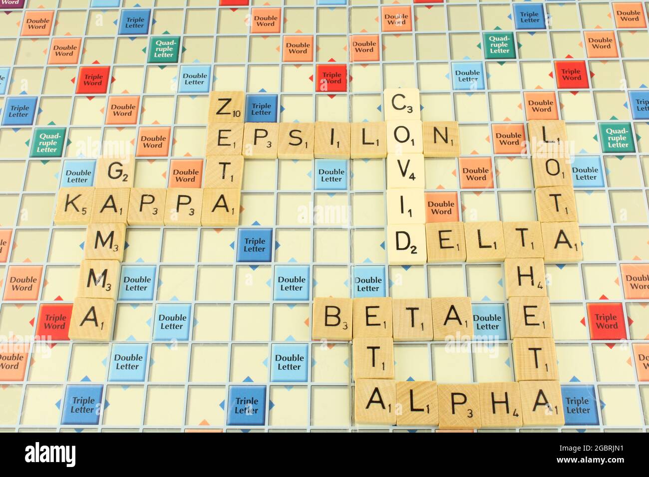 Covid variants Alpha, Beta, Delta, Gamma, Epsilon, Zeta, Kappa, Lotta, Eta  and Theta on a scrabble board Stock Photo - Alamy