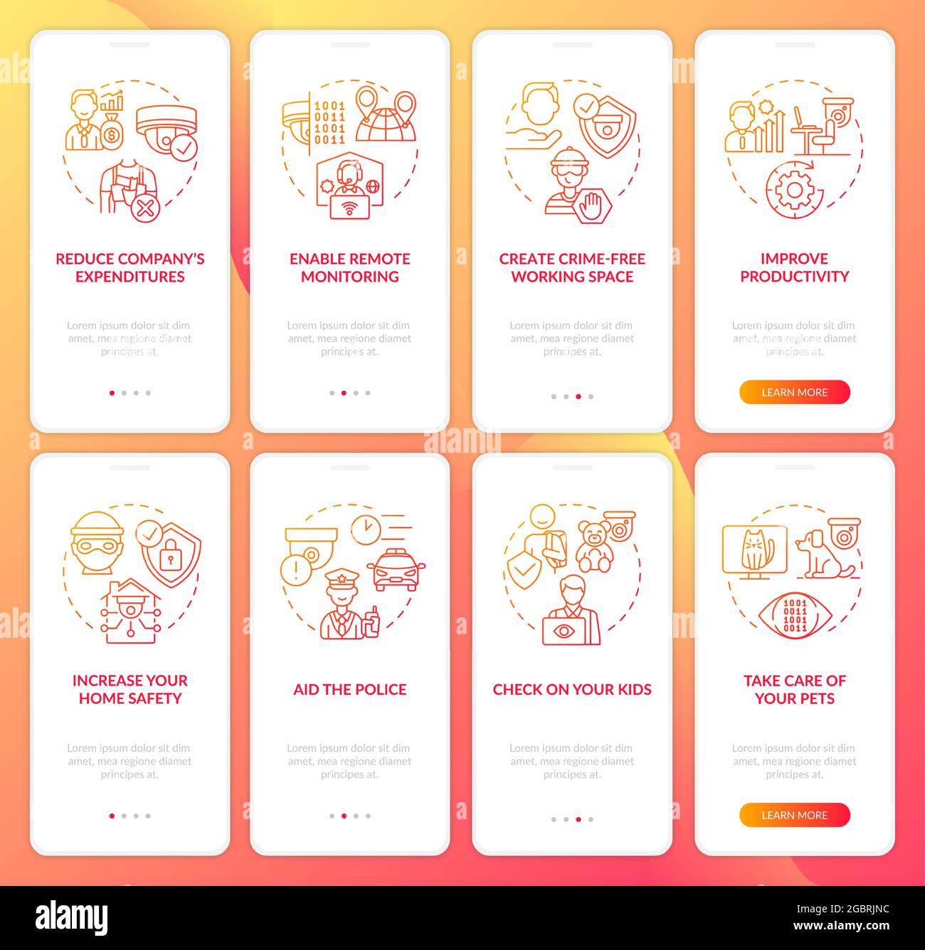 Security cameras benefit onboarding mobile app page screen Stock Vector