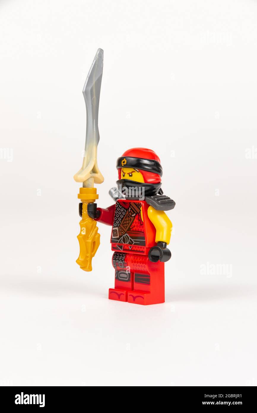 Yekaterinburg. Russia. 04.08.2021. Toy hero Kai in a red kimono with a  sword from a set of lego ninjago on a white background. close-up. selective  foc Stock Photo - Alamy