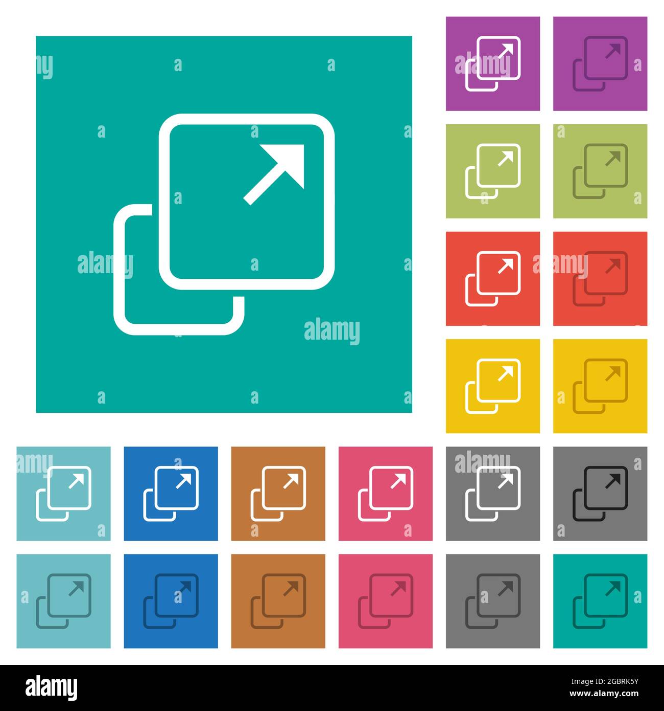 Extend element multi colored flat icons on plain square backgrounds. Included white and darker icon variations for hover or active effects. Stock Vector