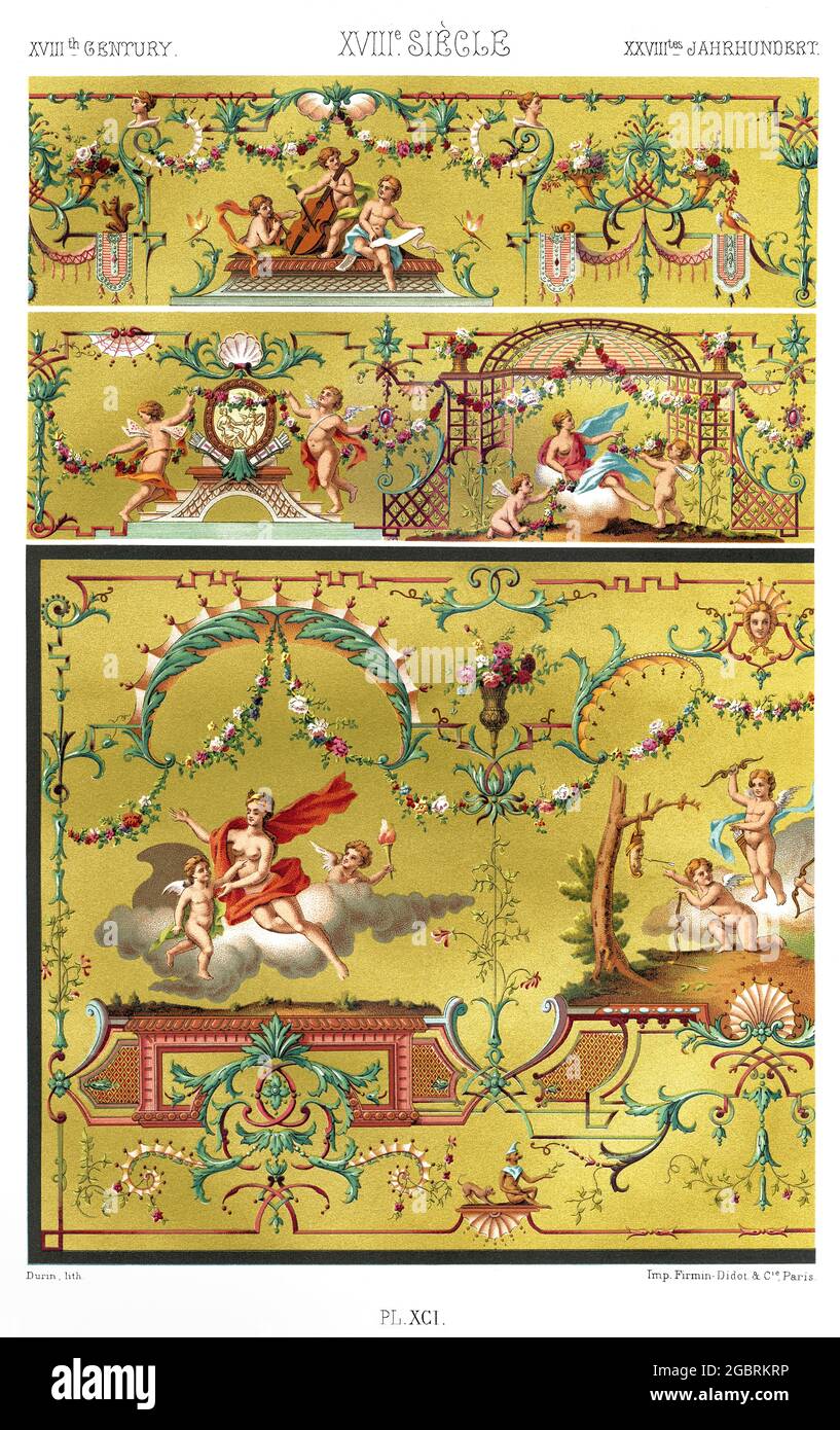 18th.Century - Decorative Painting - Fragments of Decoration of a Harpsichord at Cluny Museum. - By The Ornament 1880. Stock Photo