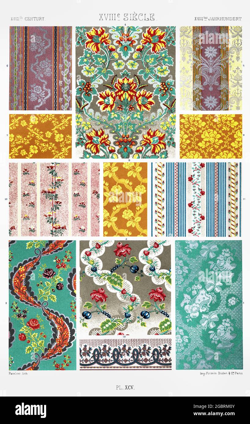 18th. Century - Patterns of Silks - Hangings for Walls and Furniture – Clothing - From French Manufacture Under Louis XIV. - By The Ornament 1880. Stock Photo