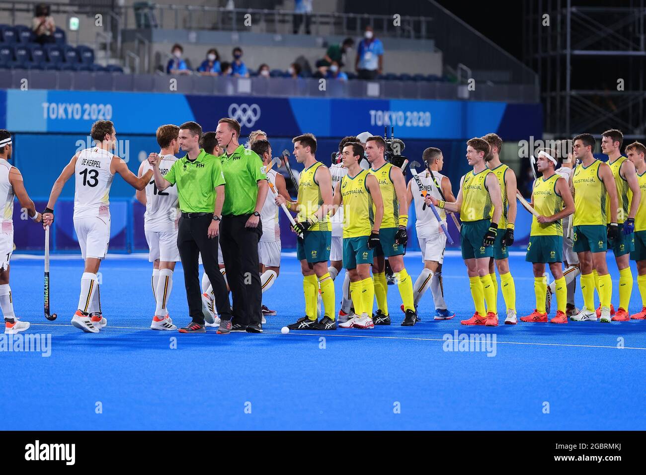 Tokyo, Japan, 5 August, 2021. Players greet each other during the Men's Hockey Gold Medal match between Australia and Belgium on Day 13 of the Tokyo 2020 Olympic Games. Credit: Pete Dovgan/Speed Media/Alamy Live News Stock Photo