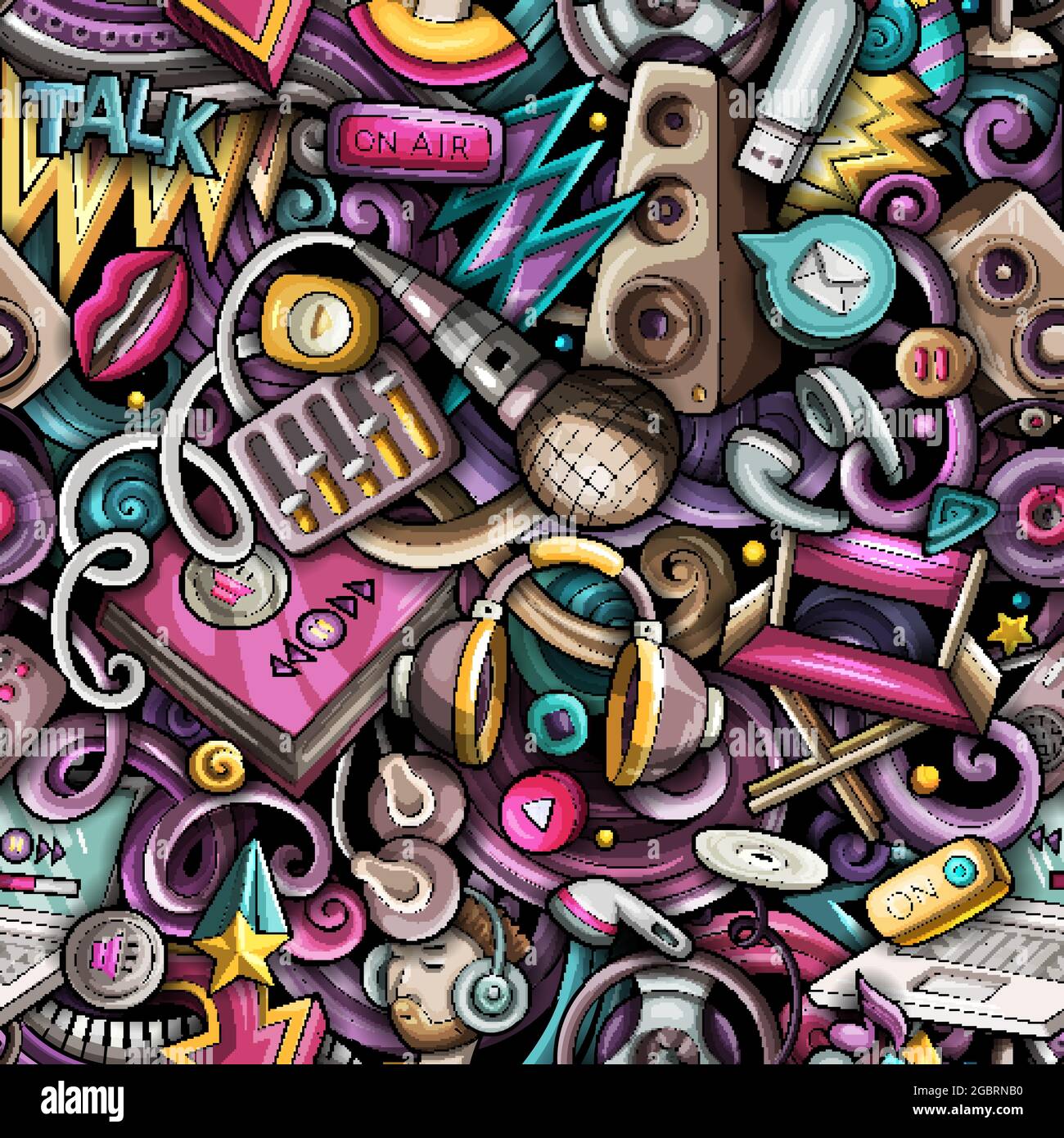 Cartoon doodles Audio content seamless pattern. Stock Vector