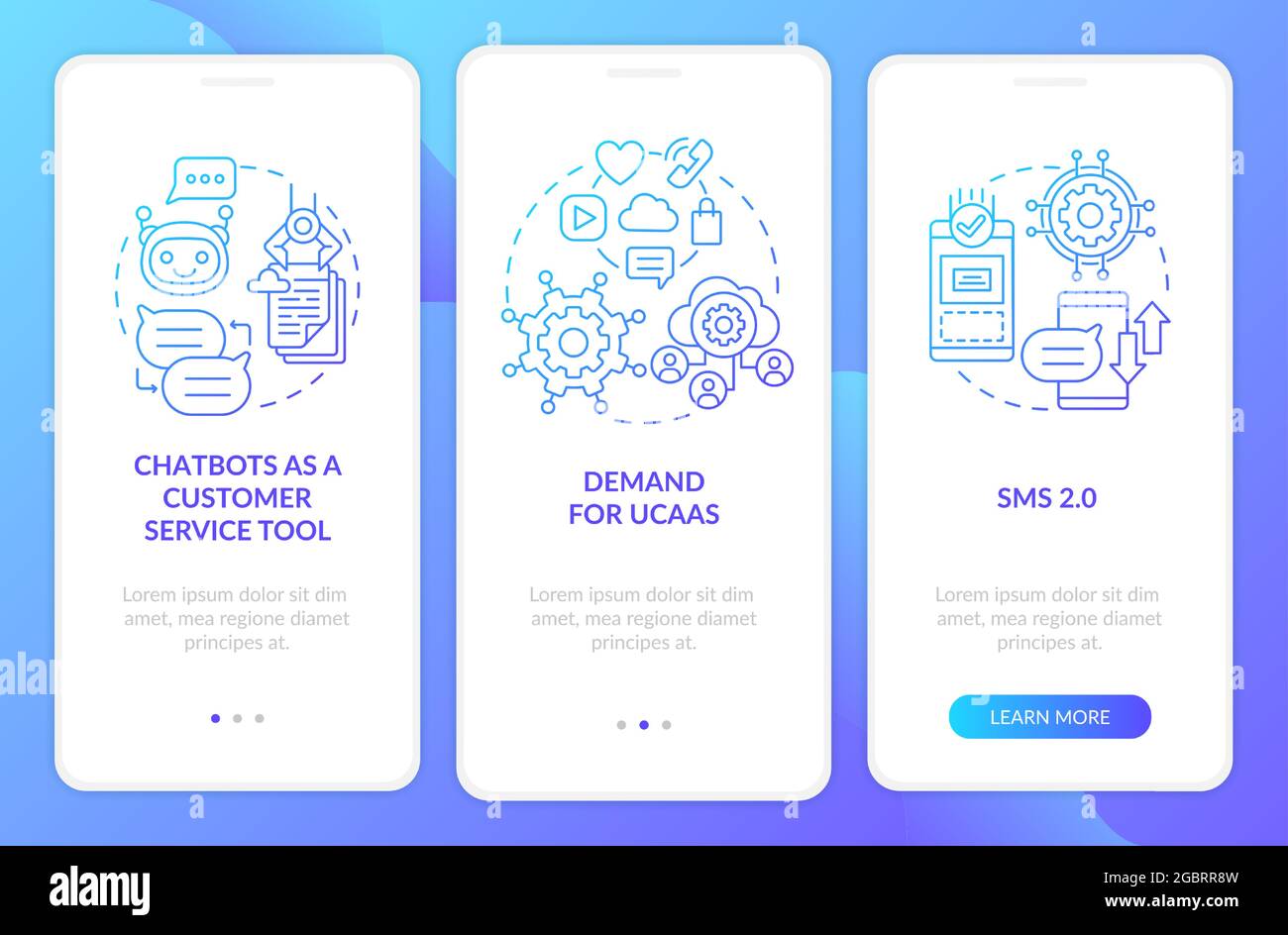 Messaging software trend blue gradient onboarding mobile app page screen Stock Vector