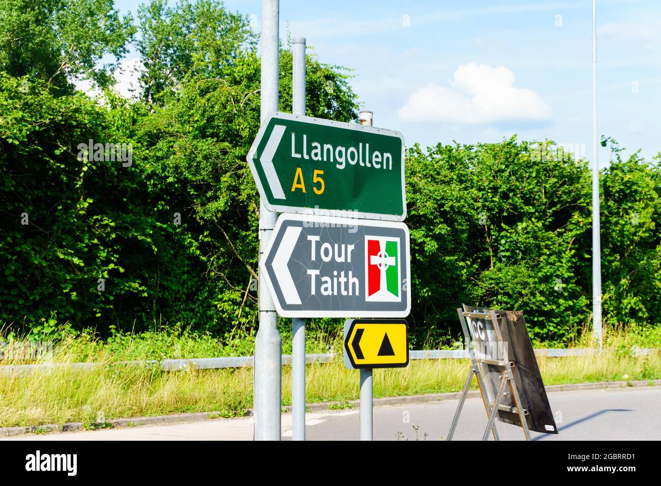 Road signs A5 road between Chirk and Llangollen in North East Wales Stock Photo