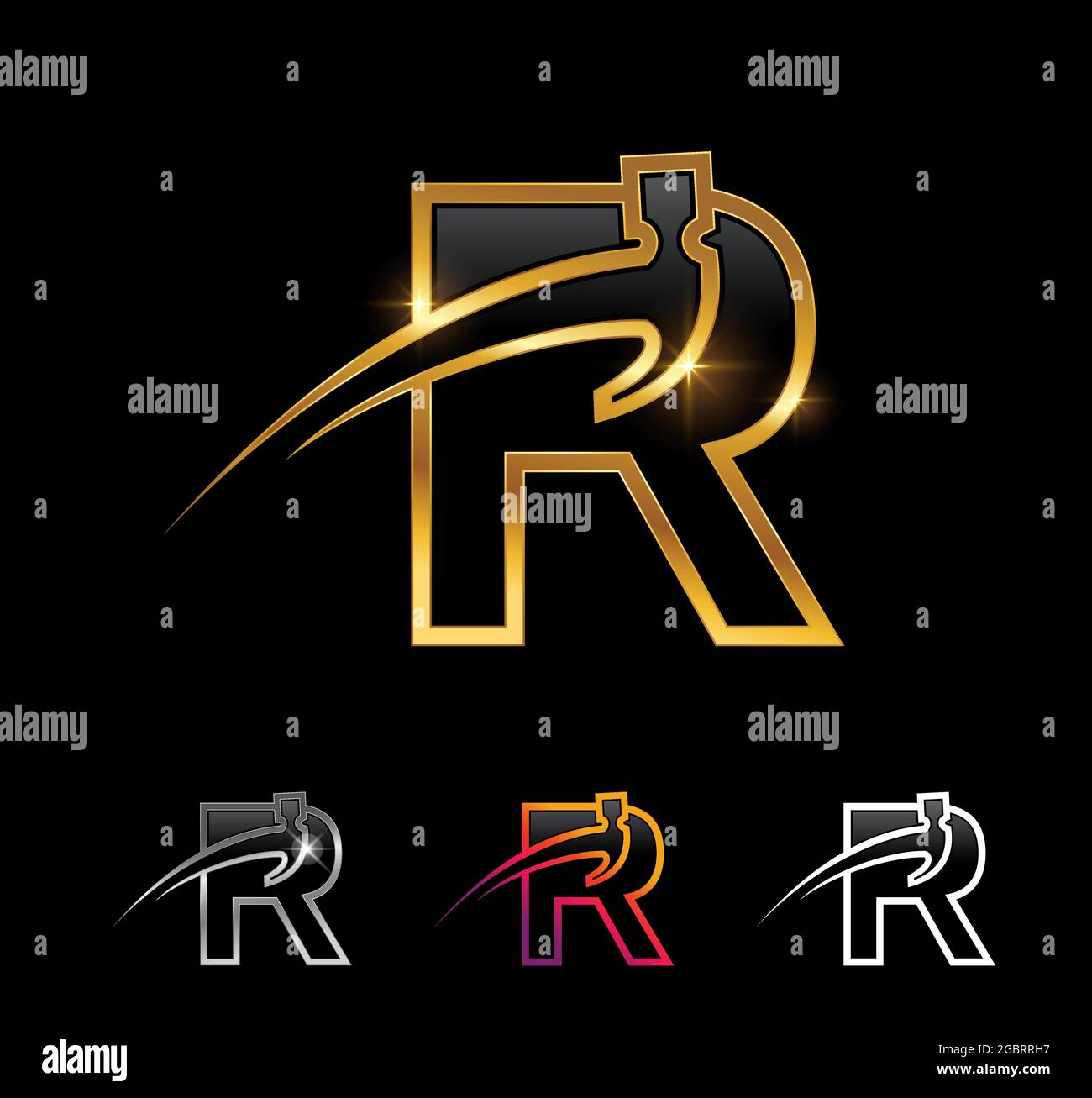 A Vector Illustration set of Golden Monogram Hammer Initial Letter R ion black background with gold and chrome shine effect Stock Vector